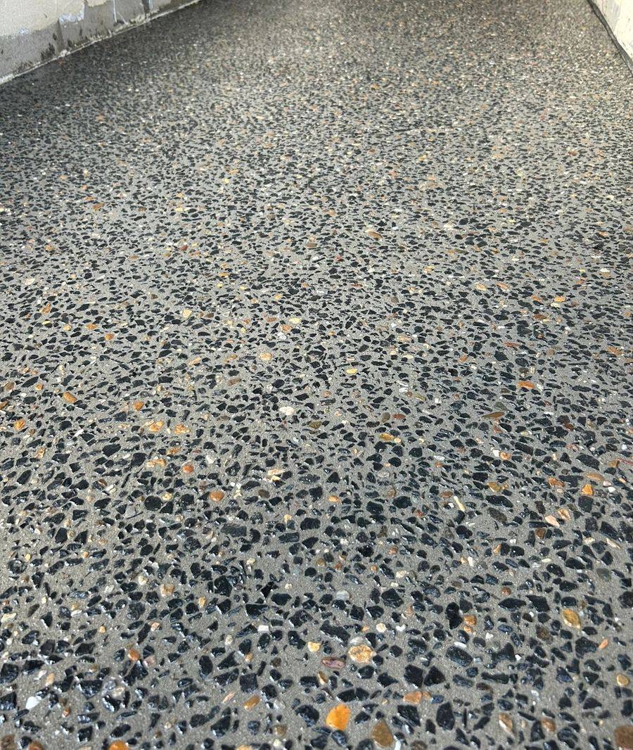 Close-up of an exposed aggregate concrete finish